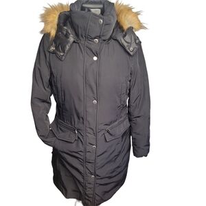 Marc New York Black Goose Down Parka with Faux Fur Trimmed Removable Hood L